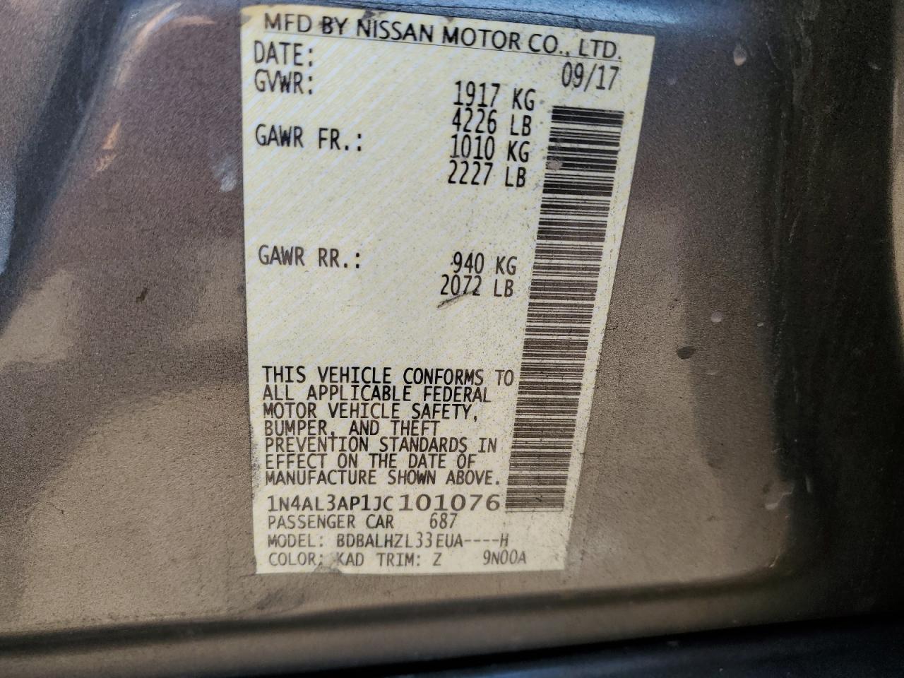 2018 Nissan Altima VIN 1N4AL3AP1JC101076 Copart auction photo, front end / side damage thumbnail 12