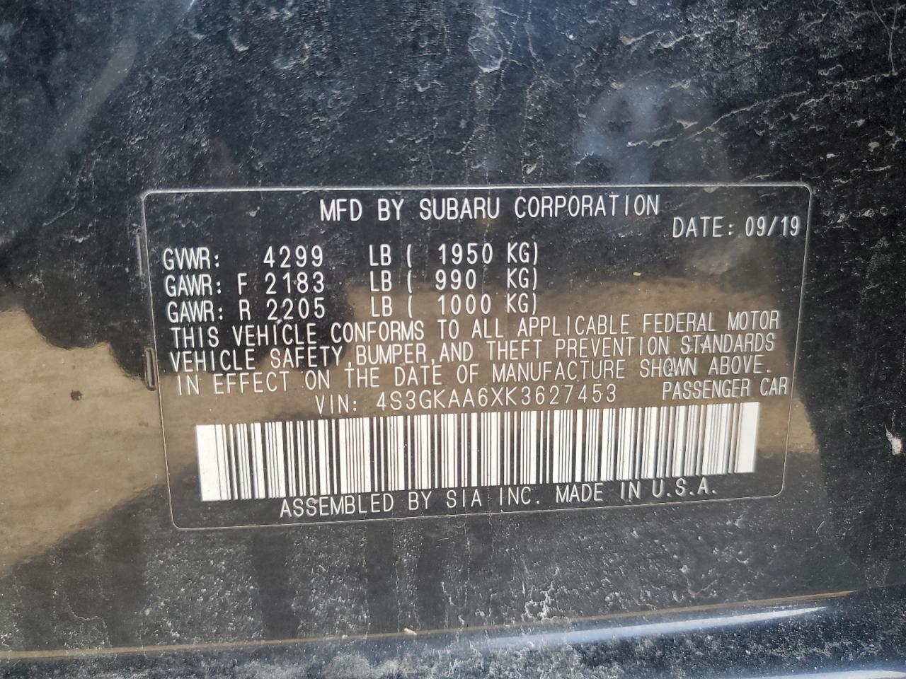 2019 Subaru Impreza VIN 4S3GKAA6XK3627453 Copart auction photo, rear end damage thumbnail 13