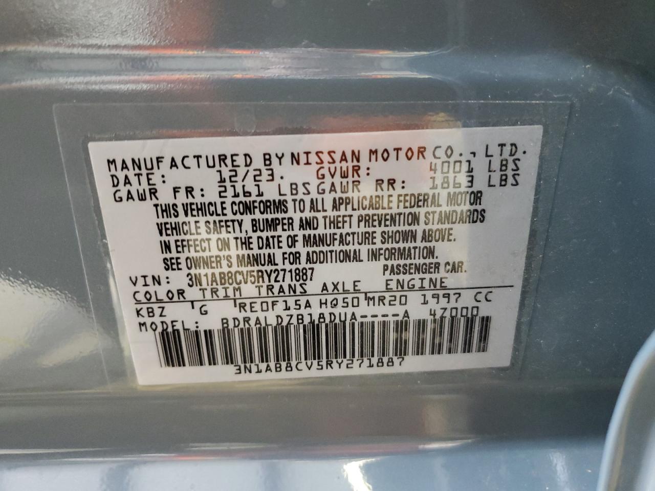 2024 Nissan Sentra VIN 3N1AB8CV5RY271887 Copart auction photo, side damage thumbnail 14