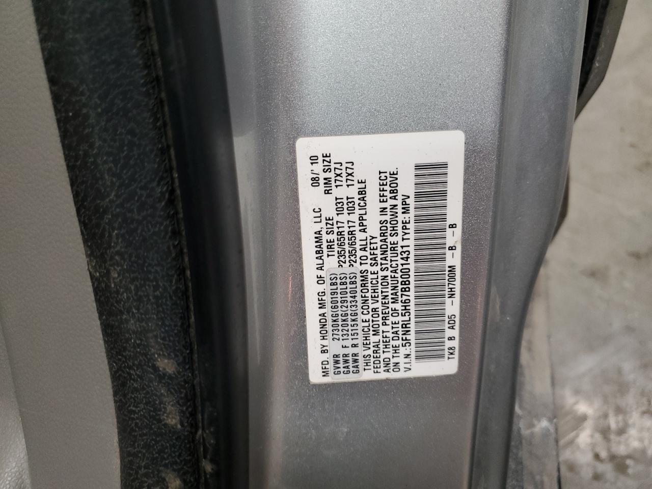 2011 Honda Odyssey VIN 5FNRL5H67BB001431 Copart auction photo, front end damage thumbnail 15