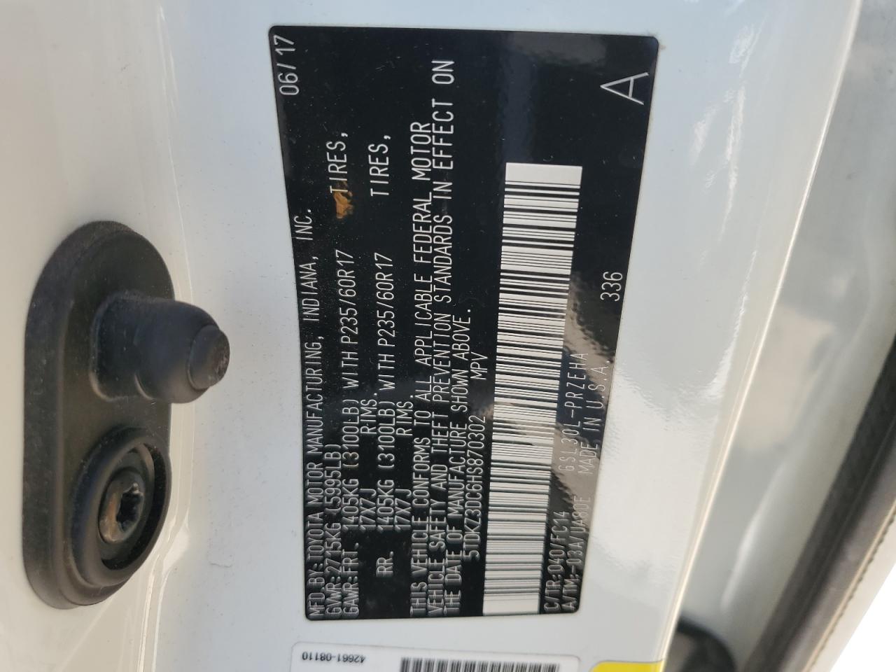 2017 Toyota Sienna VIN 5TDKZ3DC6HS870302 Copart auction photo, front end / frame damage damage thumbnail 13