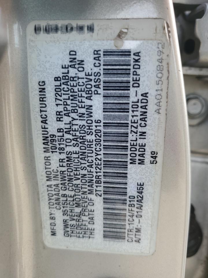 2000 Toyota Corolla VIN 2T1BR12E2YC302016 Copart auction photo, all over damage thumbnail 12