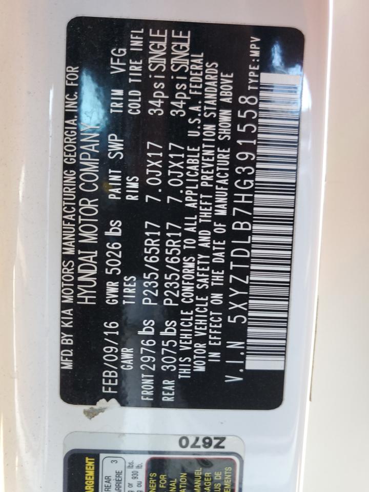 2017 Hyundai Santa Fe VIN 5XYZTDLB7HG391558 Copart auction photo, all over damage thumbnail 15