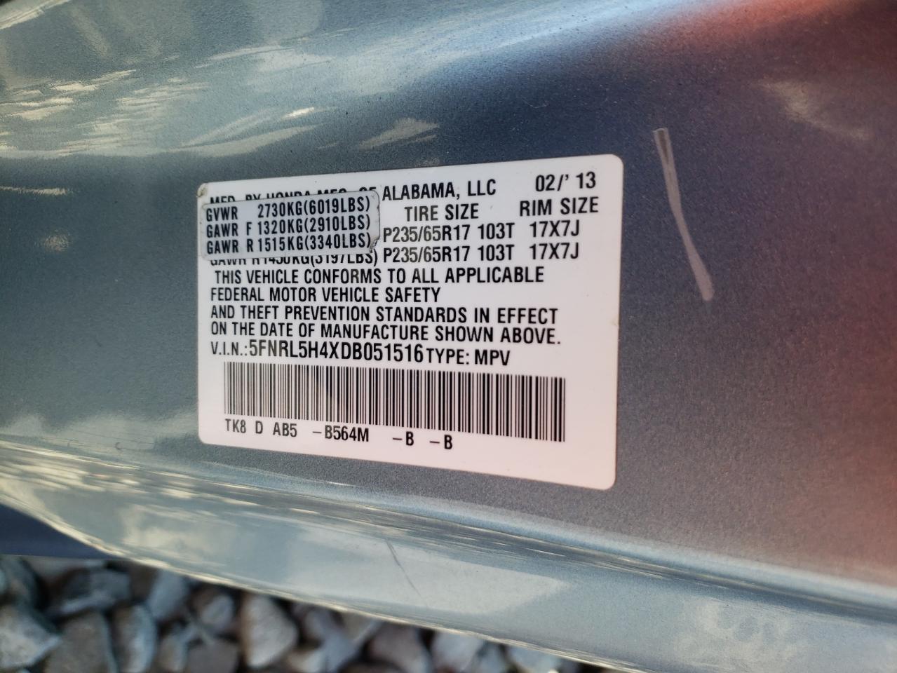 2013 Honda Odyssey VIN 5FNRL5H4XDB051516 Copart auction photo, all over damage thumbnail 15