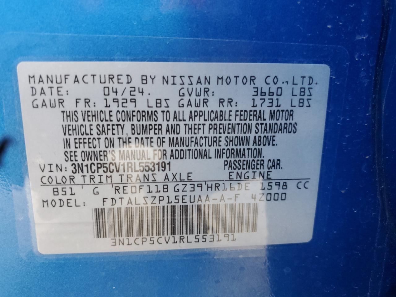 2024 Nissan Kicks VIN 3N1CP5CV1RL553191 Copart auction photo, front end damage thumbnail 14