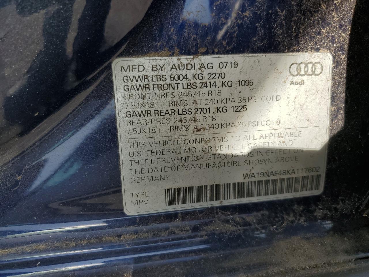 2019 Audi A4 VIN WA19NAF48KA117602 Copart auction photo, burn / minor dent/scratches damage thumbnail 13