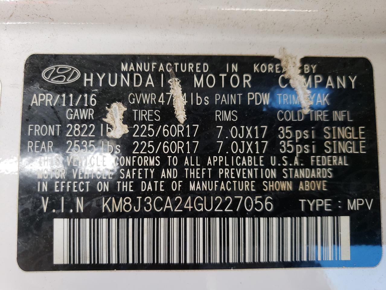 2016 Hyundai Tucson VIN KM8J3CA24GU227056 Copart auction photo, vandalism / hail damage thumbnail 13