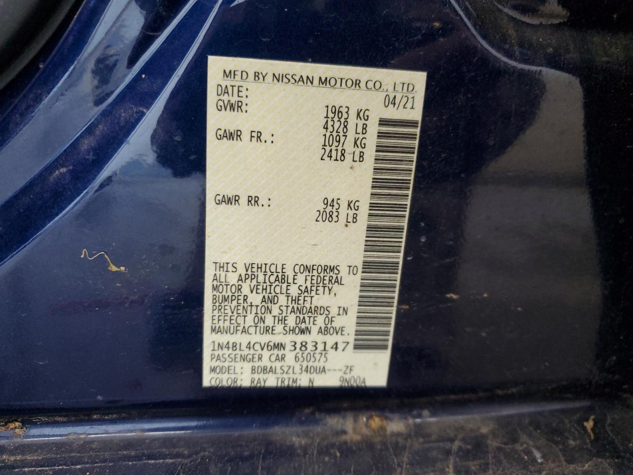 2021 Nissan Altima VIN 1N4BL4CV6MN383147 Copart auction photo, all over damage thumbnail 13