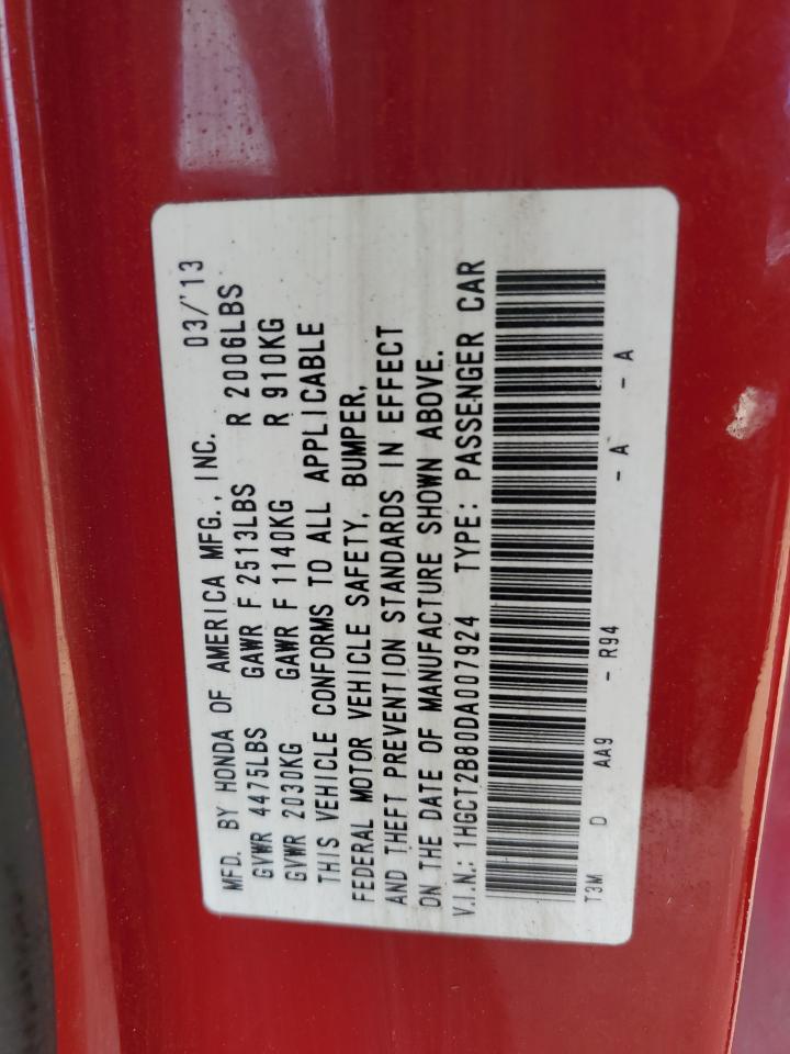 2013 Honda Accord VIN 1HGCT2B80DA007924 Copart auction photo, front end / minor dent/scratches damage thumbnail 13