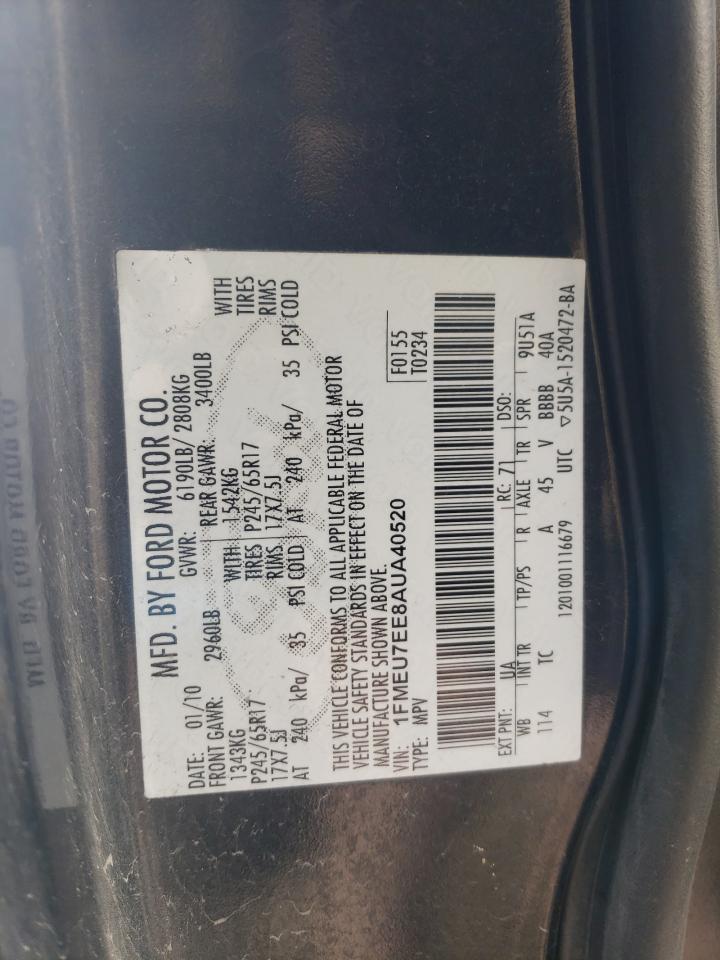 2010 Ford Explorer VIN 1FMEU7EE8AUA40520 Copart auction photo, front end / side damage thumbnail 14