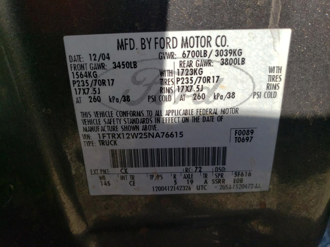2005 Ford F-150 VIN 1FTRX12W25NA76615 Copart auction photo, front end / rear end damage thumbnail 13