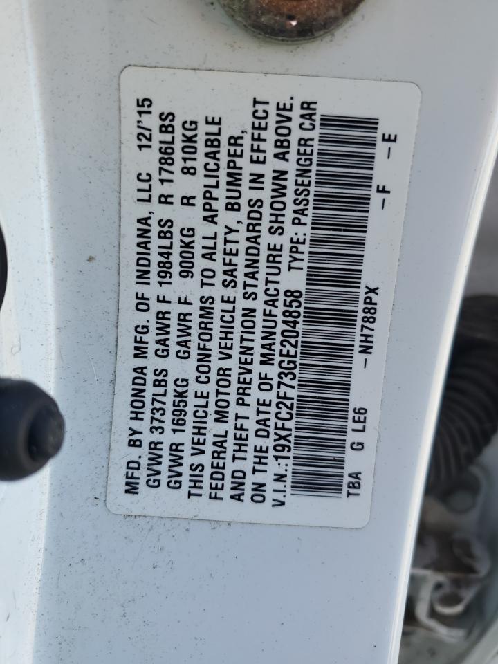 2016 Honda Civic VIN 19XFC2F73GE204858 Copart auction photo, vandalism / all over damage thumbnail 12