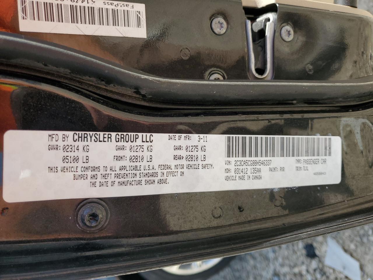 2011 Chrysler 300 VIN 2C3CA5CG8BH546337 Copart auction photo, front end damage thumbnail 12