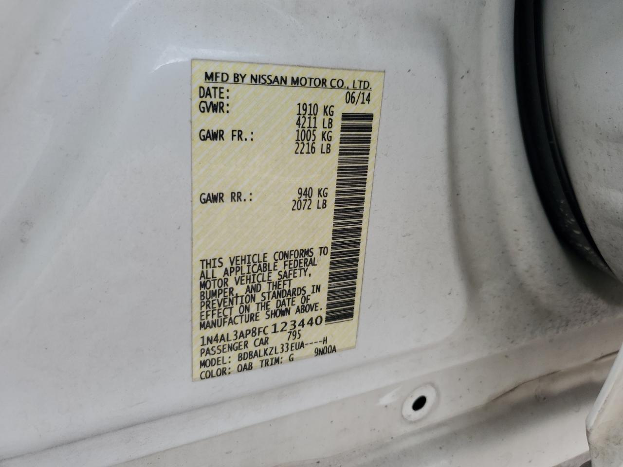 2015 Nissan Altima VIN 1N4AL3AP8FC123440 Copart auction photo, front end / minor dent/scratches damage thumbnail 12
