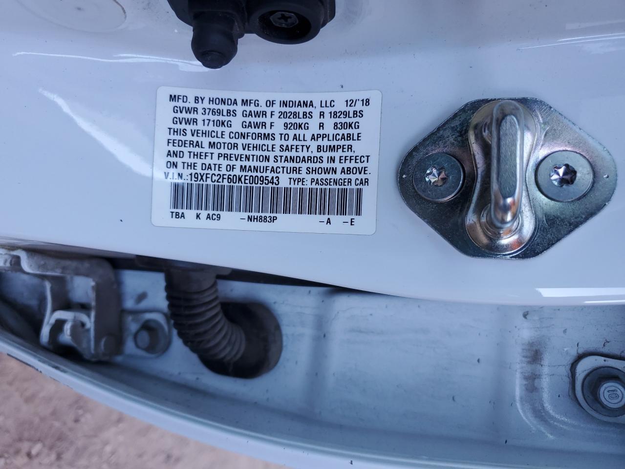 2019 Honda Civic VIN 19XFC2F60KE009543 Copart auction photo, rear end / side damage thumbnail 12