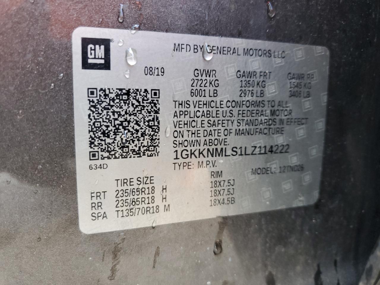 2020 GMC Acadia VIN 1GKKNMLS1LZ114222 Copart auction photo, rear end damage thumbnail 14