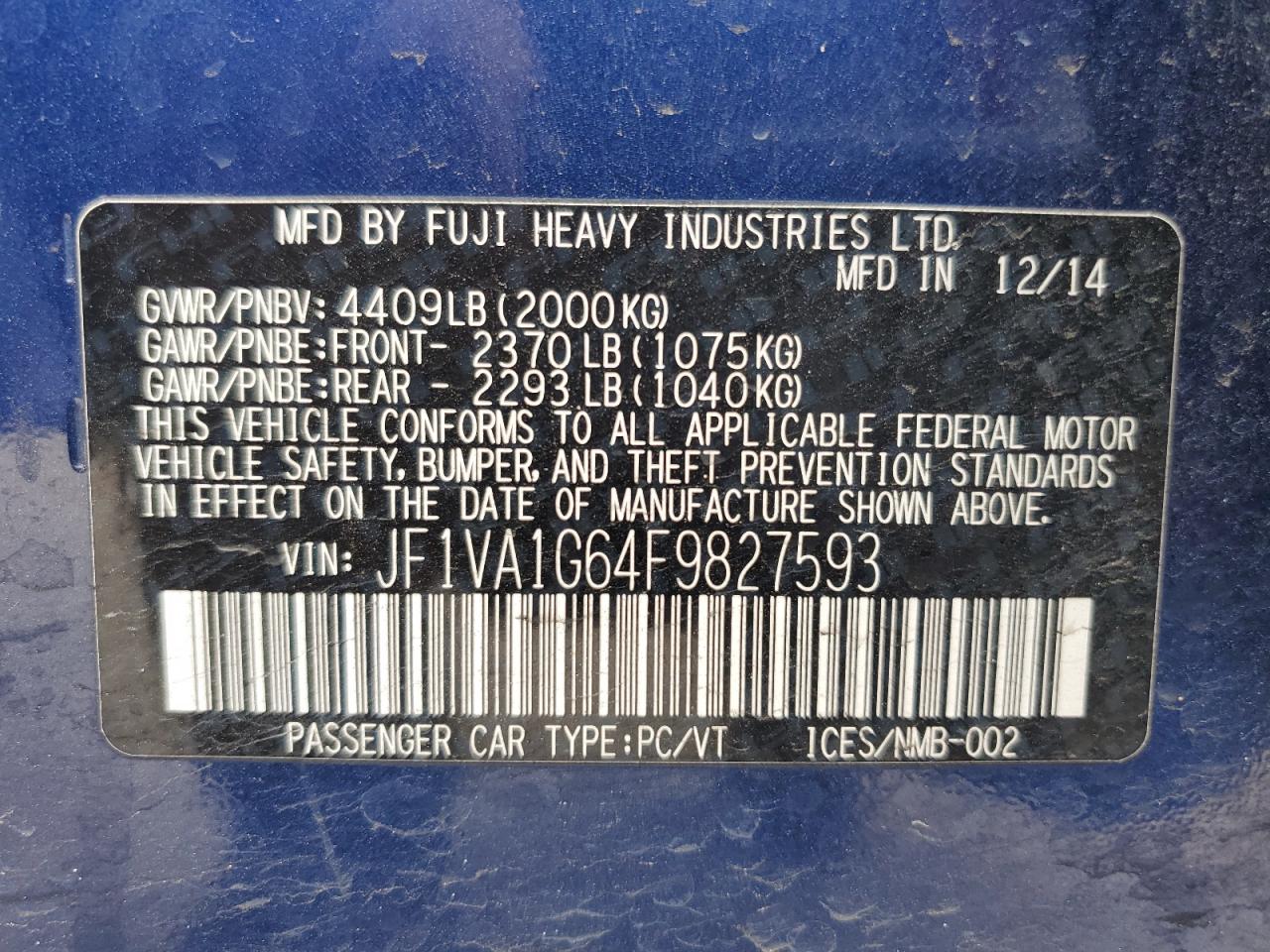 2015 Subaru WRX VIN JF1VA1G64F9827593 Copart auction photo, front end / hail damage thumbnail 12
