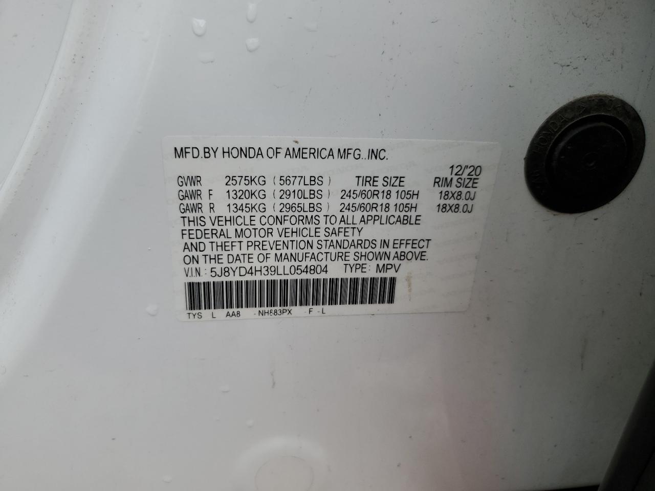 2020 Acura MDX VIN 5J8YD4H39LL054804 Copart auction photo, all over damage thumbnail 13