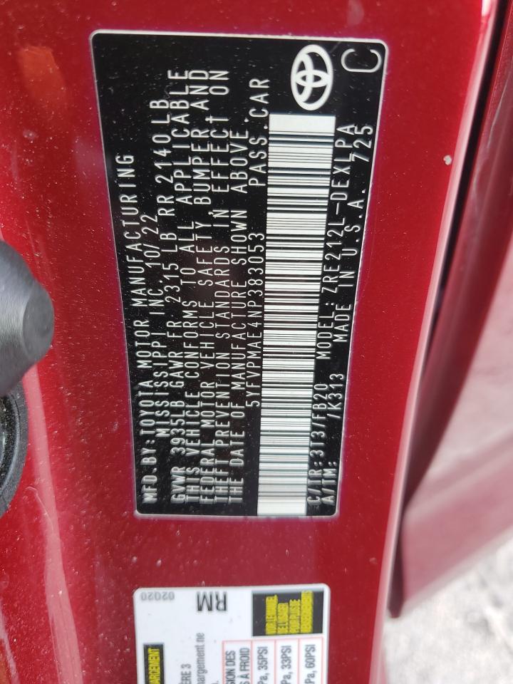 2022 Toyota Corolla VIN 5YFVPMAE4NP383053 Copart auction photo, front end / minor dent/scratches damage thumbnail 13
