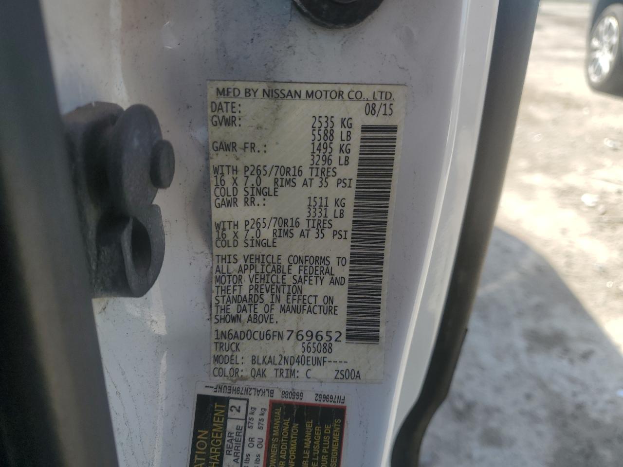 2015 Nissan Navara (Frontier) VIN 1N6AD0CU6FN769652 Copart auction photo, front end / mechanical damage thumbnail 14