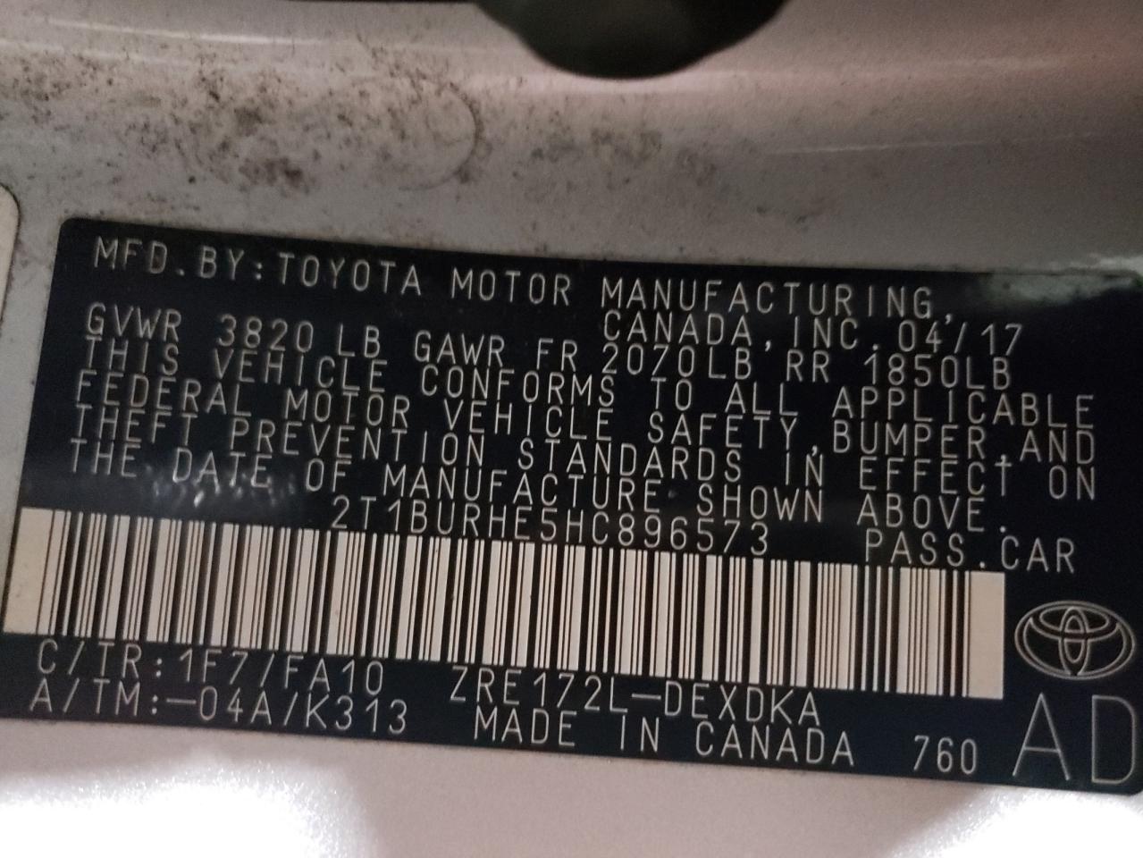 2017 Toyota Corolla VIN 2T1BURHE5HC896573 Copart auction photo, front end damage thumbnail 12