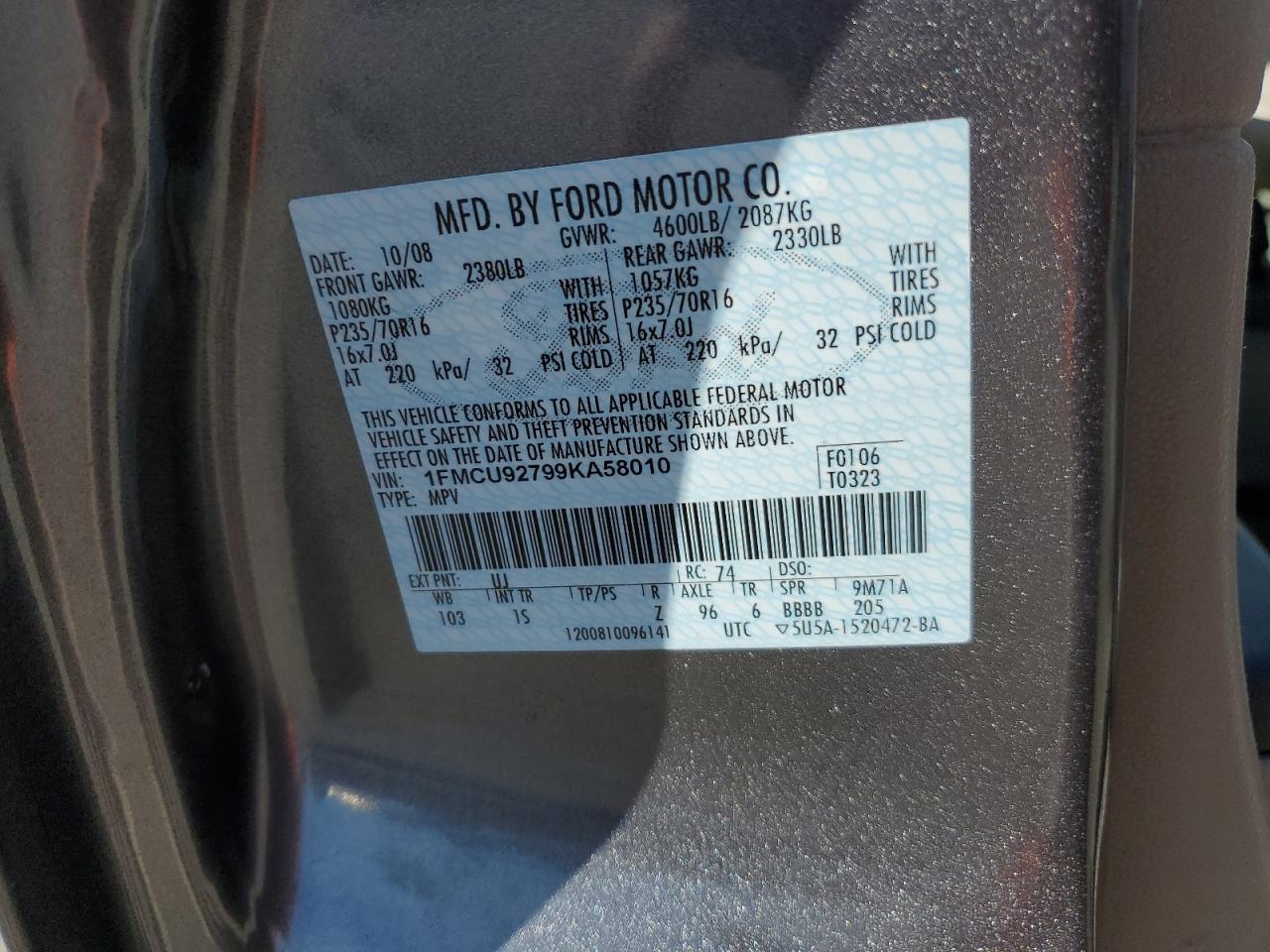 2009 Ford Escape VIN 1FMCU92799KA58010 Copart auction photo, front end damage thumbnail 12