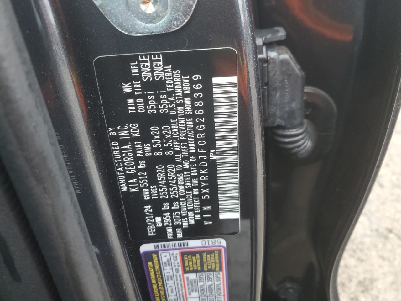 2024 KIA Sorento VIN 5XYRKDJF0RG268369 Copart auction photo, front end / minor dent/scratches damage thumbnail 15