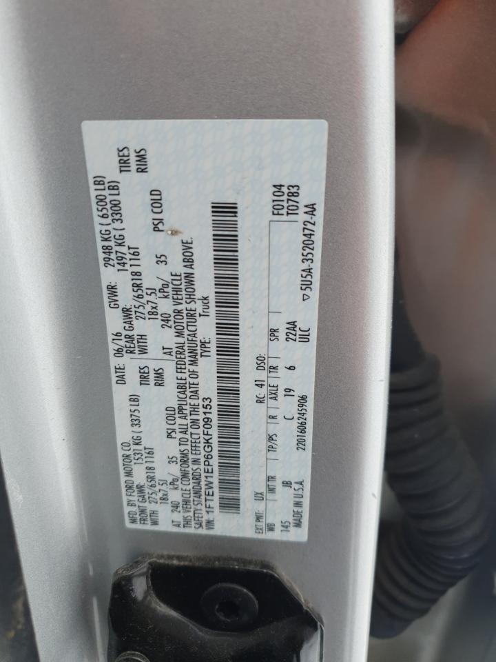 2016 Ford F-150 VIN 1FTEW1EP6GKF09153 Copart auction photo, front end / side damage thumbnail 12