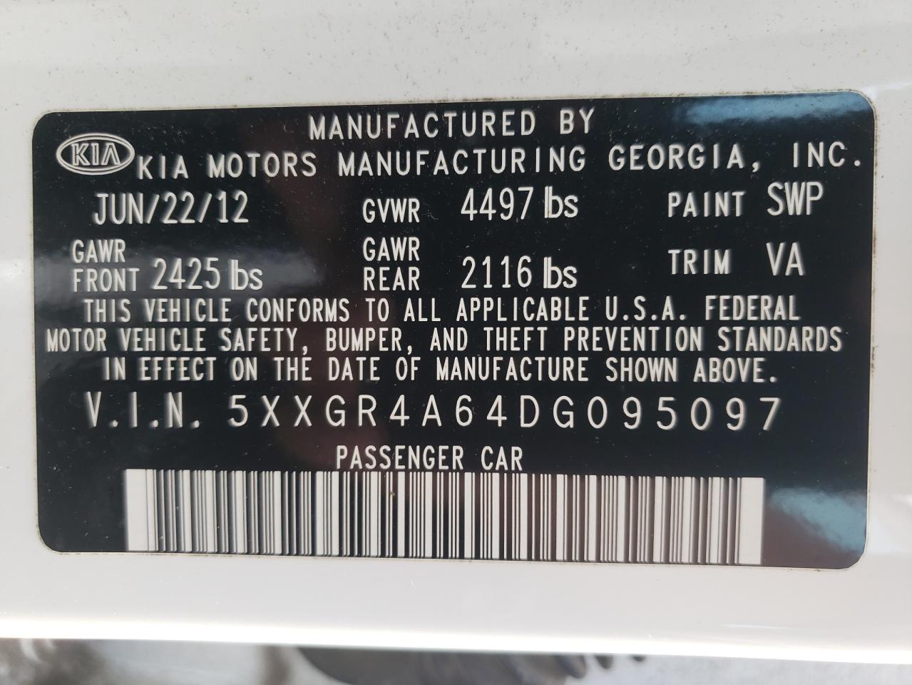 2013 KIA Optima VIN 5XXGR4A64DG095097 Copart auction photo, side damage thumbnail 12