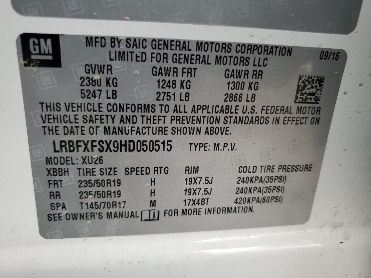 2017 Buick Envision VIN LRBFXFSX9HD050515 Copart auction photo, front end / side damage thumbnail 13