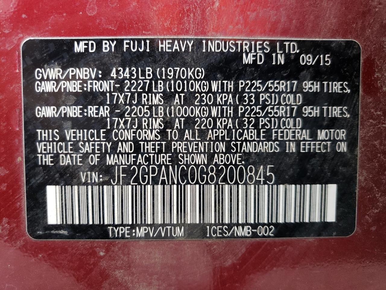 2016 Subaru XV VIN JF2GPANC0G8200845 Copart auction photo, front end / side damage thumbnail 12