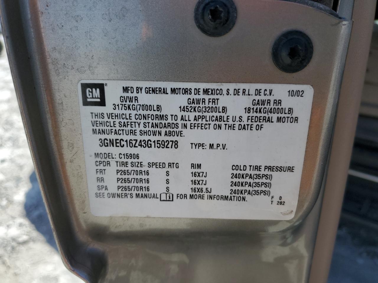 2003 Chevrolet Suburban VIN 3GNEC16Z43G159278 Copart auction photo, front end damage thumbnail 15