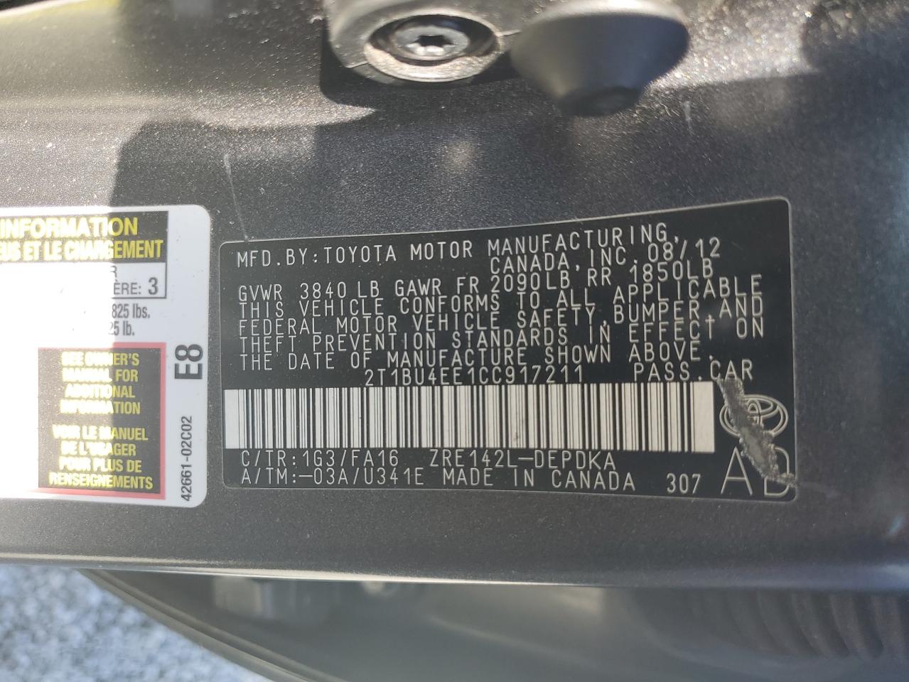 2012 Toyota Corolla VIN 2T1BU4EE1CC917211 Copart auction photo, water/flood damage thumbnail 13