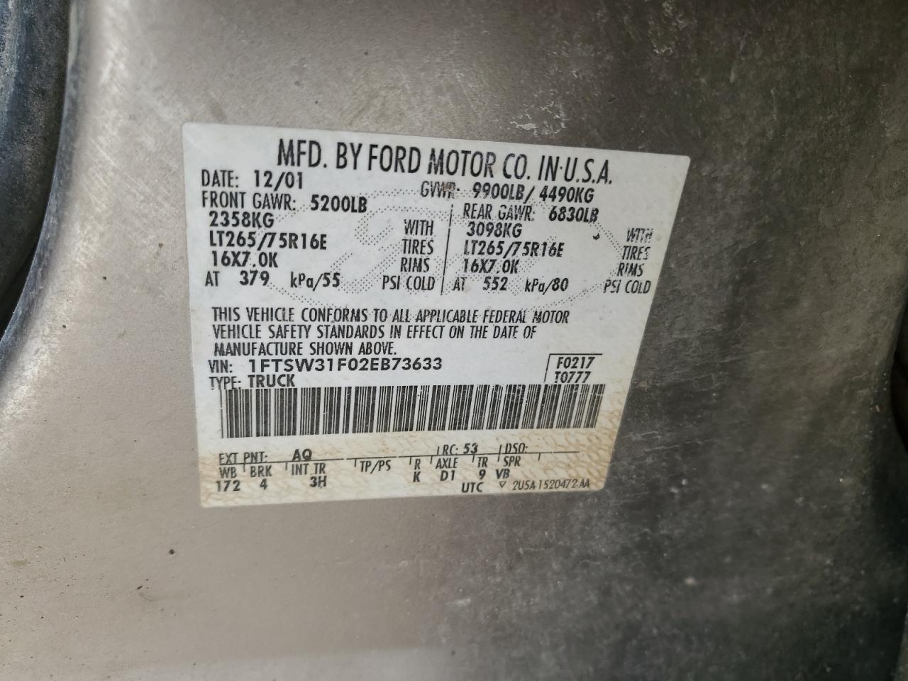 2002 Ford F350 VIN 1FTSW31F02EB73633 Copart auction photo, all over damage thumbnail 12