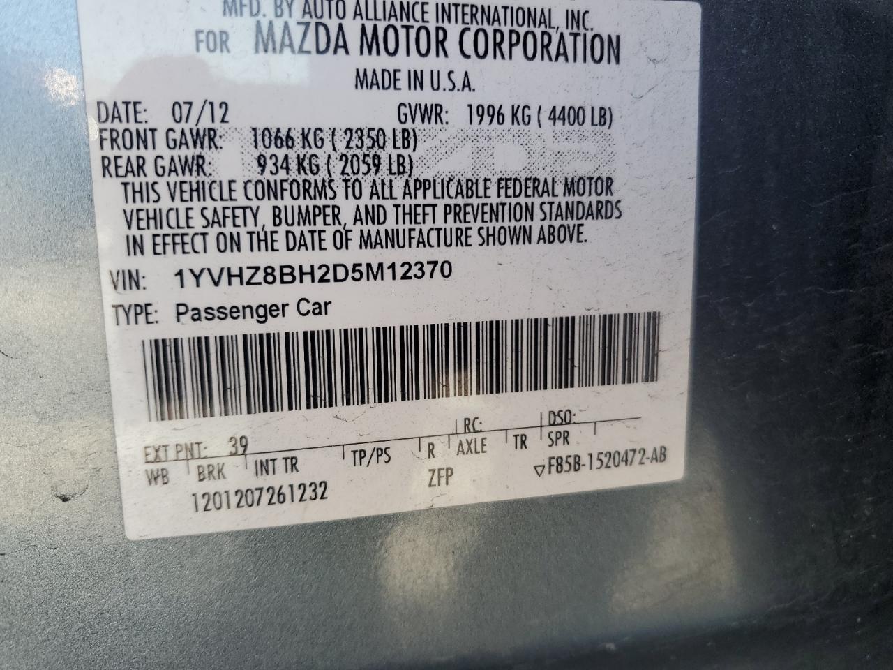 2013 Mazda 6 VIN 1YVHZ8BH2D5M12370 Copart auction photo, rear end damage thumbnail 13