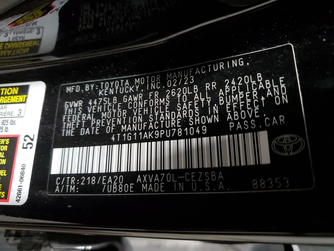 2023 Toyota Camry VIN 4T1G11AK9PU781049 Copart auction photo, side damage thumbnail 13