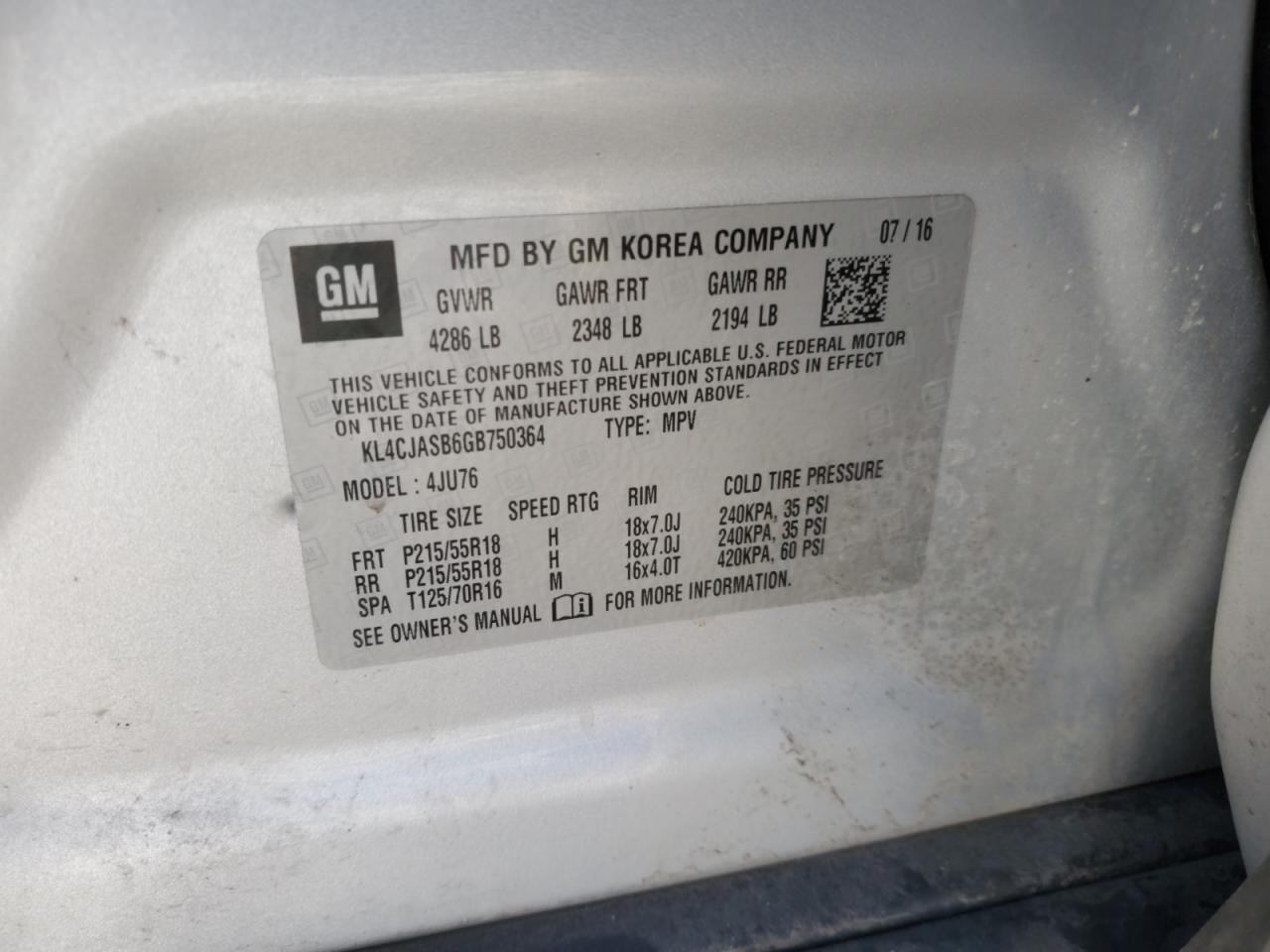 2016 Buick Encore VIN KL4CJASB6GB750364 Copart auction photo, front end / minor dent/scratches damage thumbnail 13