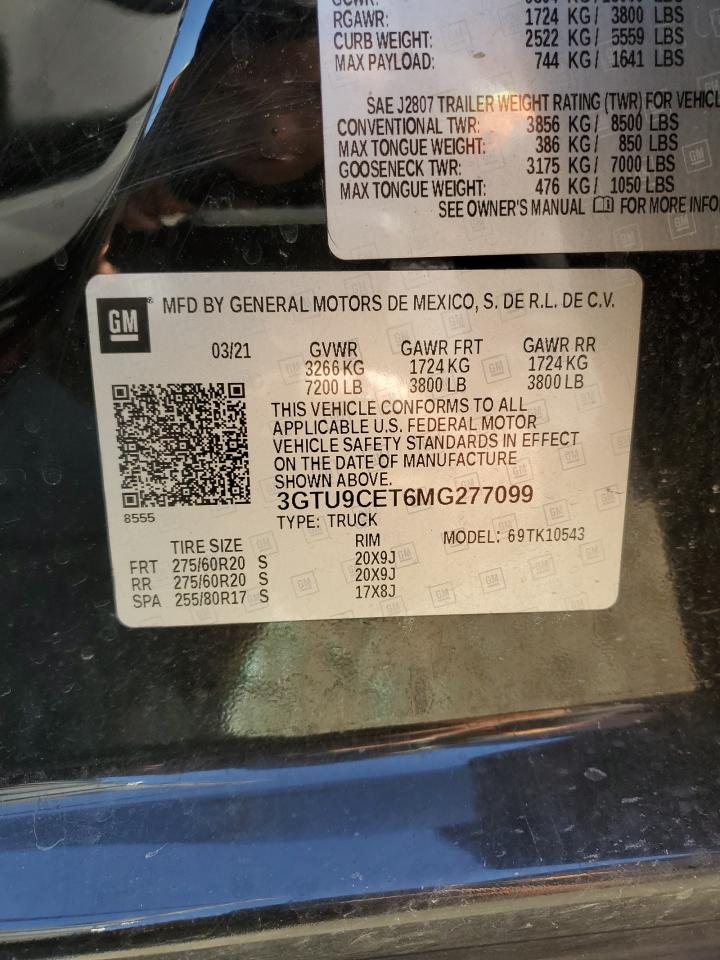 2021 GMC Sierra VIN 3GTU9CET6MG277099 Copart auction photo, vandalism / side damage thumbnail 12