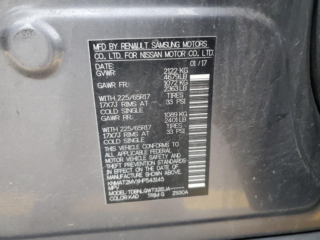 2017 Nissan Rogue VIN KNMAT2MVXHP543145 Copart auction photo, front end damage thumbnail 15