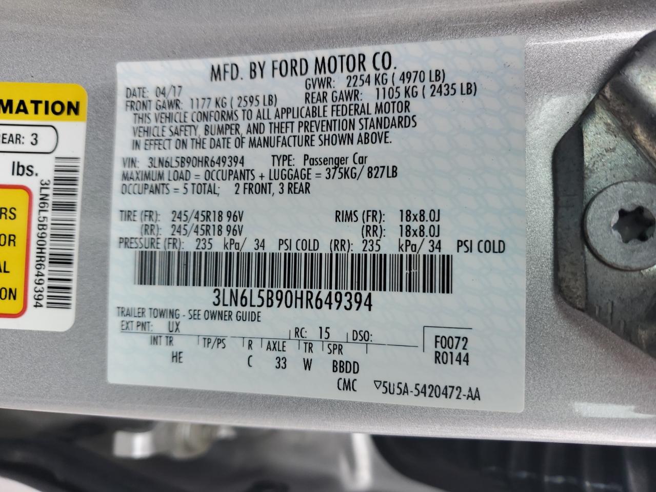 2017 Lincoln MKZ VIN 3LN6L5B90HR649394 Copart auction photo, side / front end damage thumbnail 12