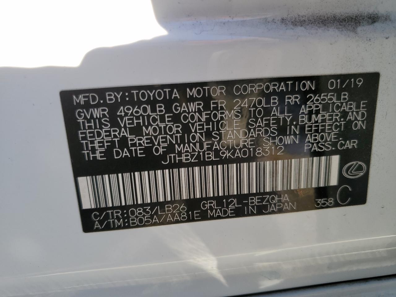 2019 Lexus GS VIN JTHBZ1BL9KA018312 Copart auction photo, front end / side damage thumbnail 12