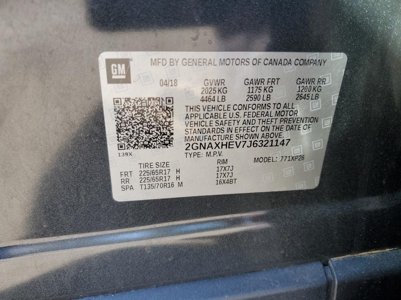 2018 Chevrolet Equinox VIN 2GNAXHEV7J6321147 Copart auction photo, front end damage thumbnail 13