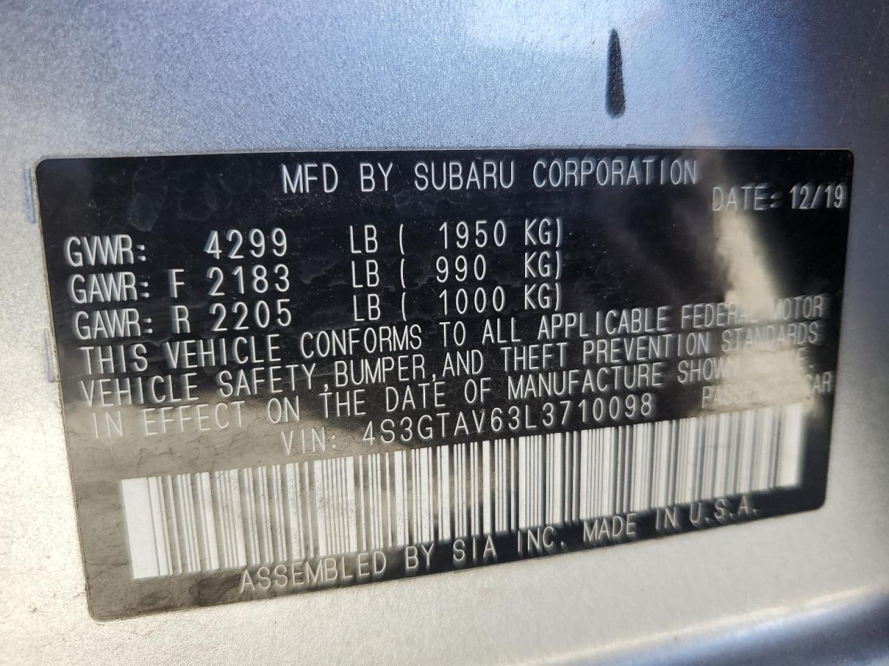 2020 Subaru Impreza VIN 4S3GTAV63L3710098 Copart auction photo, top/roof / minor dent/scratches damage thumbnail 12