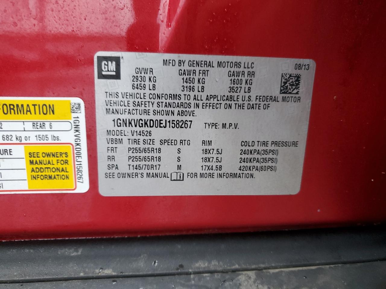 2014 Chevrolet Traverse VIN 1GNKVGKD0EJ158267 Copart auction photo, front end / minor dent/scratches damage thumbnail 15