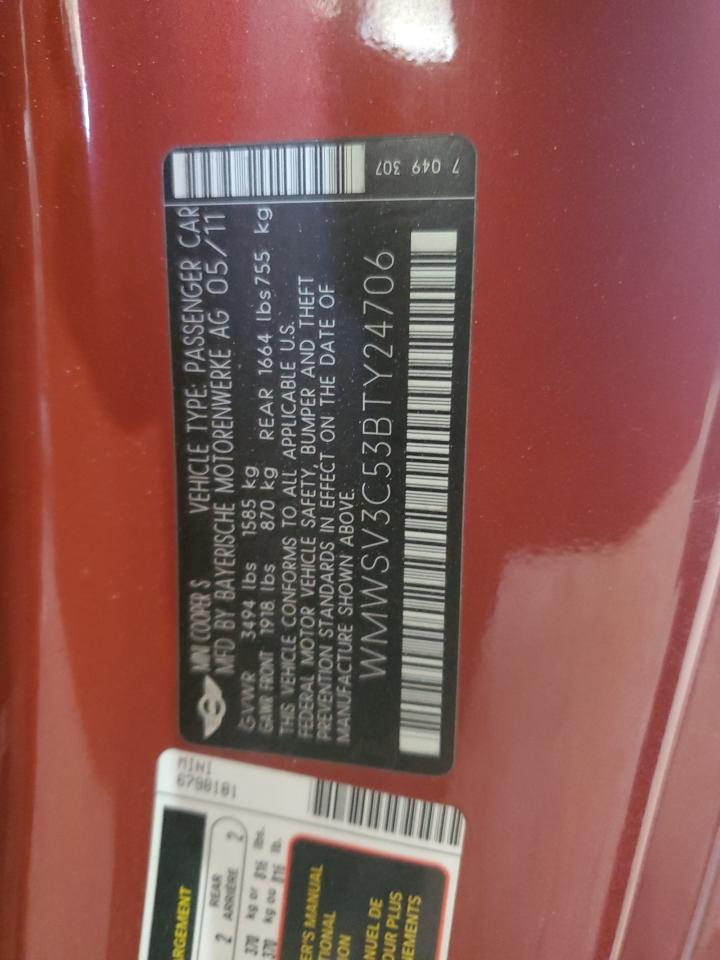 2011 MINI Cooper VIN WMWSV3C53BTY24706 Copart auction photo, vandalism / stripped damage thumbnail 12