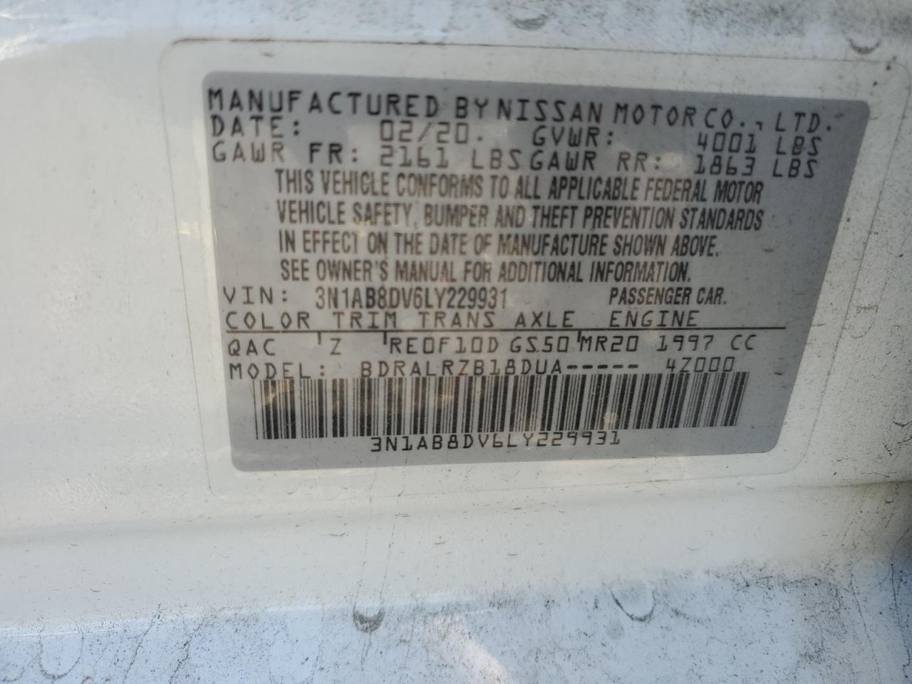 2020 Nissan Sentra VIN 3N1AB8DV6LY229931 Copart auction photo, mechanical damage thumbnail 12