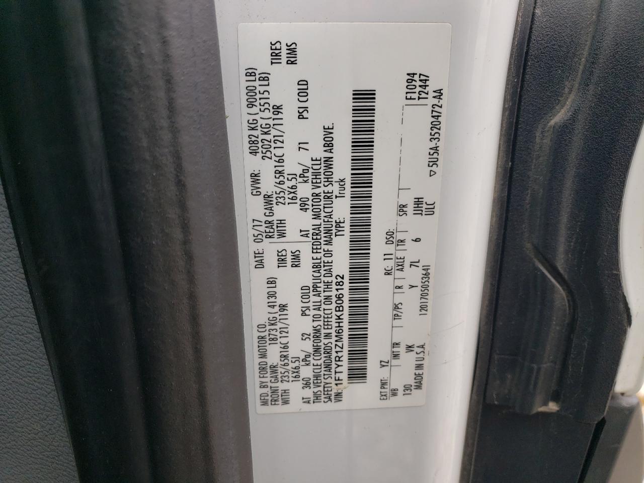 2017 Ford Transit VIN 1FTYR1ZM6HKB06182 Copart auction photo, side damage thumbnail 13