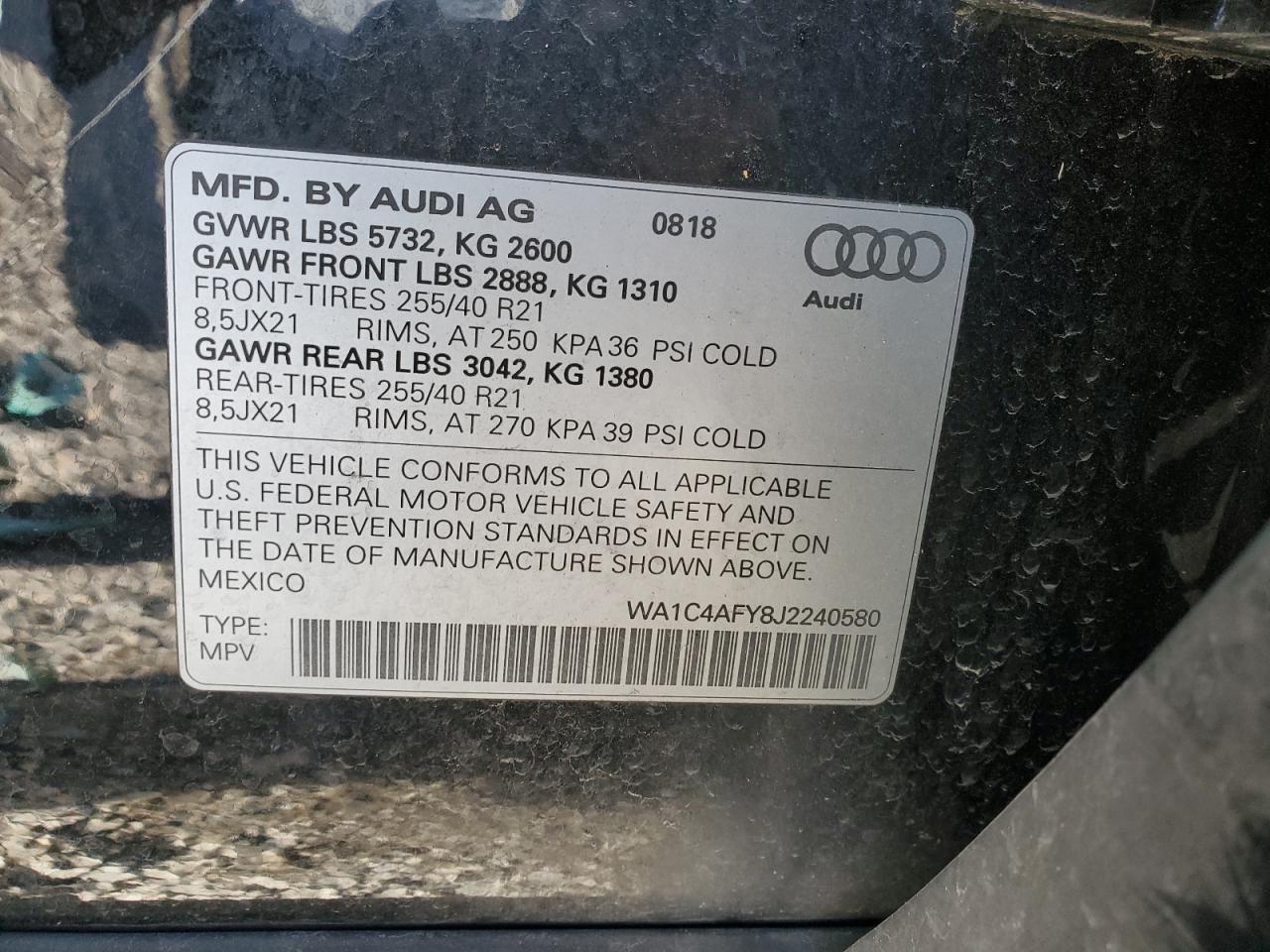 2018 Audi SQ5 VIN WA1C4AFY8J2240580 Copart auction photo, hail damage thumbnail 12