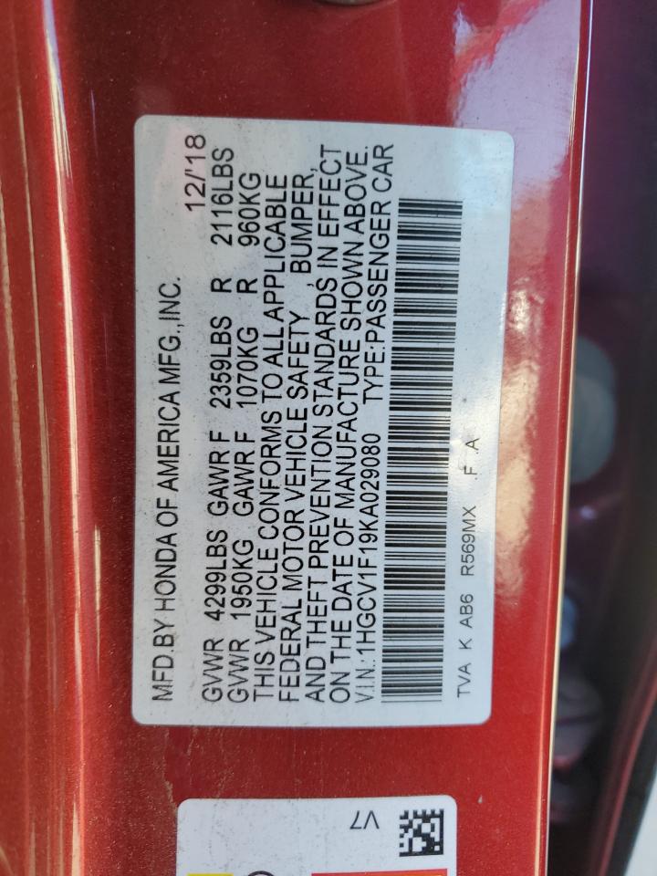 2019 Honda Accord VIN 1HGCV1F19KA029080 Copart auction photo, all over damage thumbnail 13