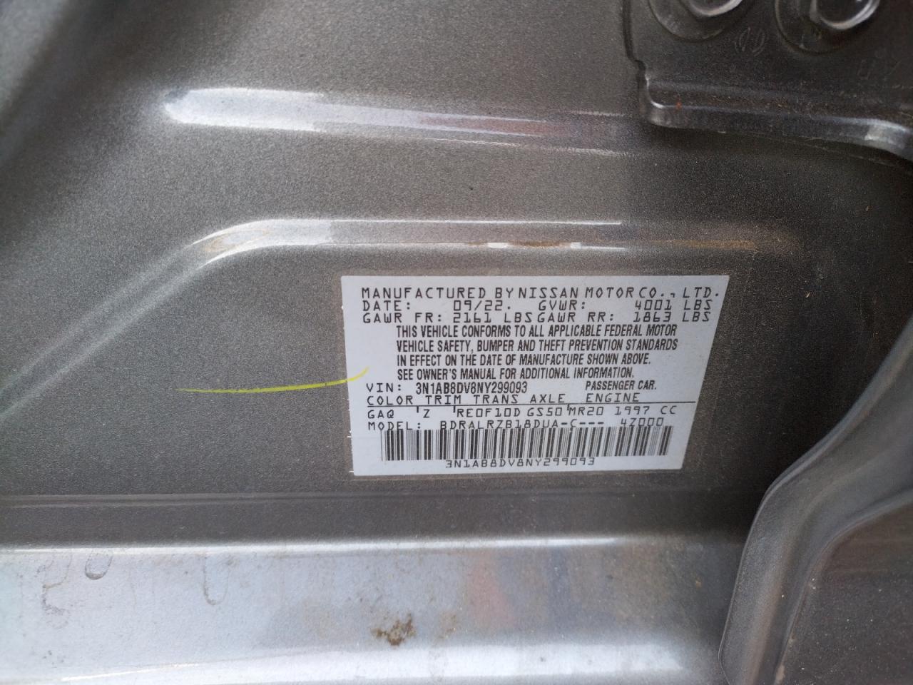 2022 Nissan Sentra VIN 3N1AB8DV8NY299093 Copart auction photo, side damage thumbnail 13